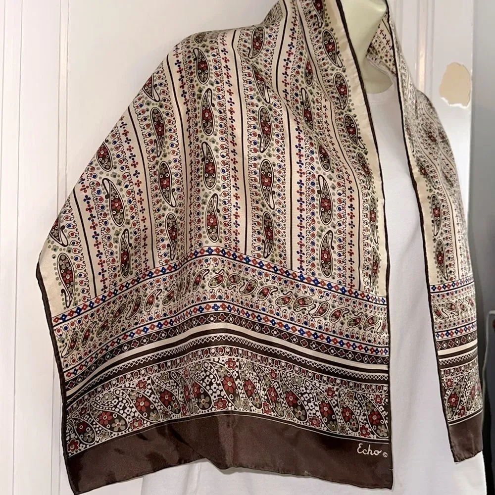 Vintage 60s/70 Echo‎ Paisley Brown,Cream, Green & Blue Long Chinon/Silk Scarf